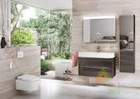 INSPIRA комплект: тумба 100*49,8*67,4см, с 2мя ящиками, с умывальником Fineceramic с отв. под смес., цвет корпуса дуб, фасад-темное зеркальное стекло