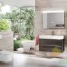 INSPIRA комплект: тумба 100*49,8*67,4см, с 2мя ящиками, с умывальником Fineceramic с отв. под смес., цвет корпуса дуб, фасад-темное зеркальное стекло